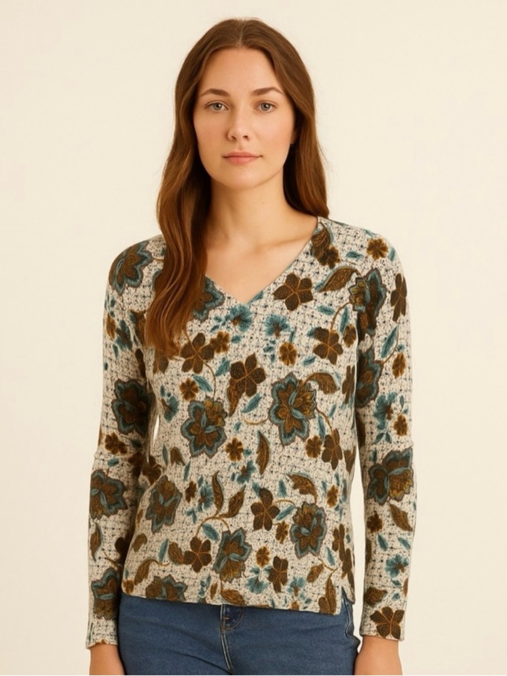 Garnet Hill Essential 100% Cashmere V-Neck Pullover Sweater Floral Size Small